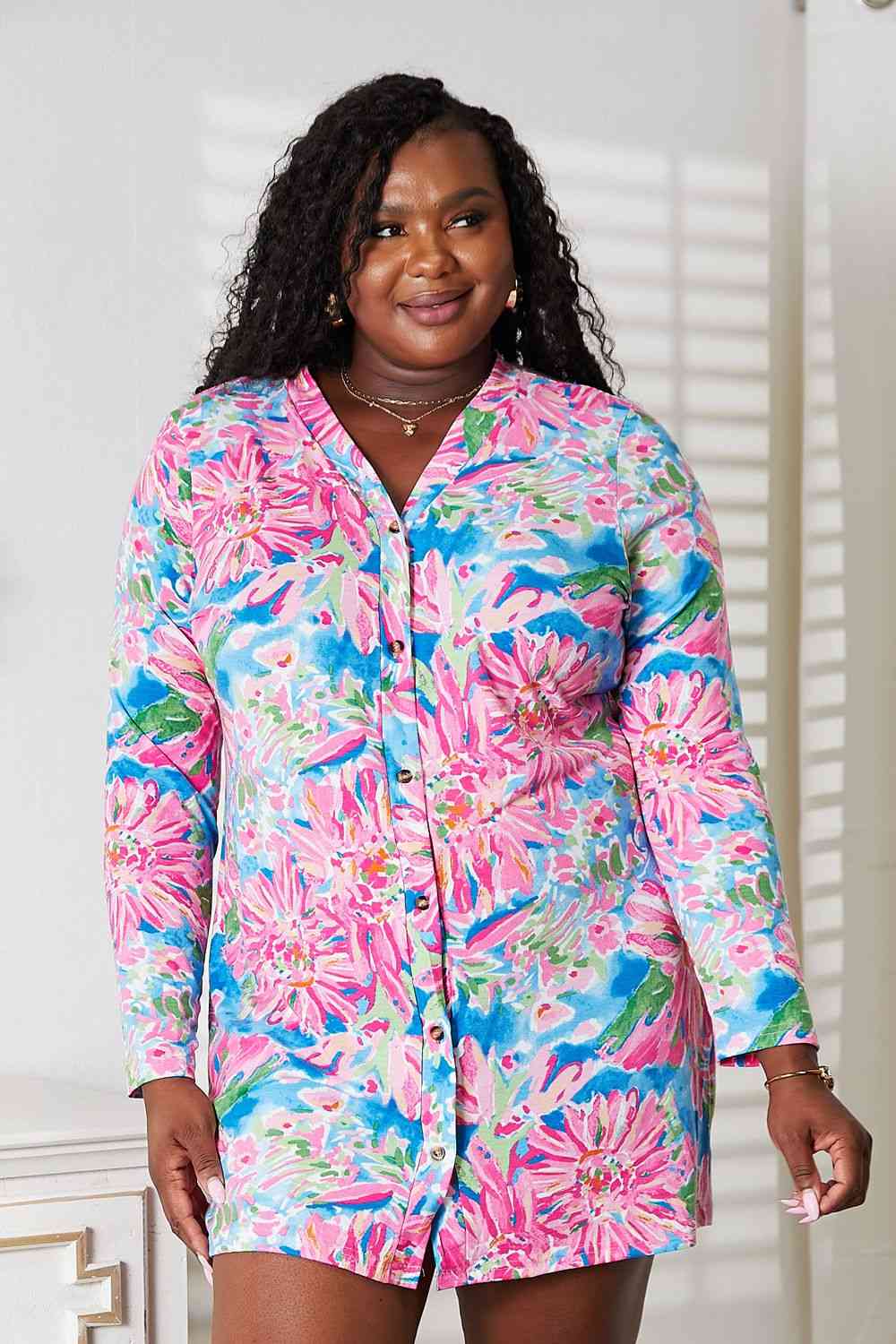Women's Double Take Floral Open Front Long Sleeve Cardigan