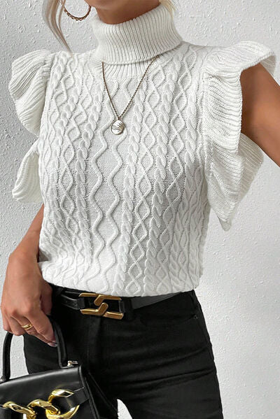 Cable-Knit Turtleneck Cap Sleeve Sweater