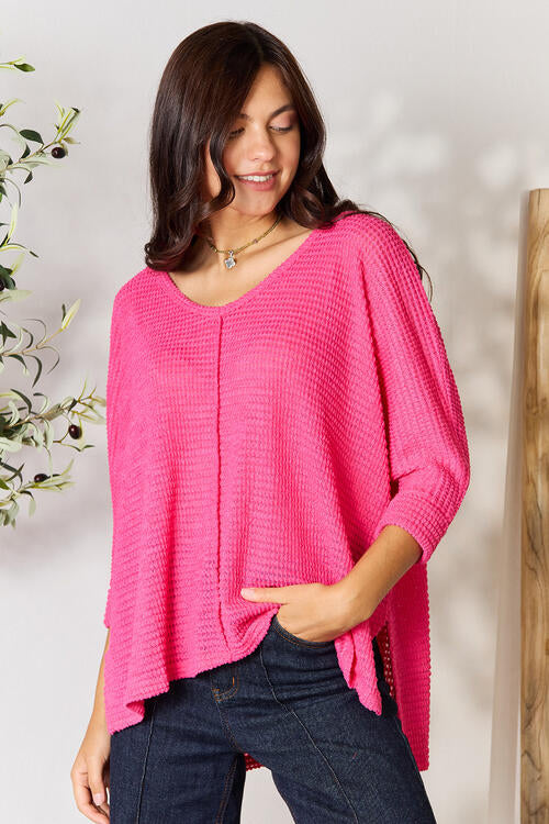 Women's Zenana Full Size Round Neck High-Low Slit Knit Top Sweater