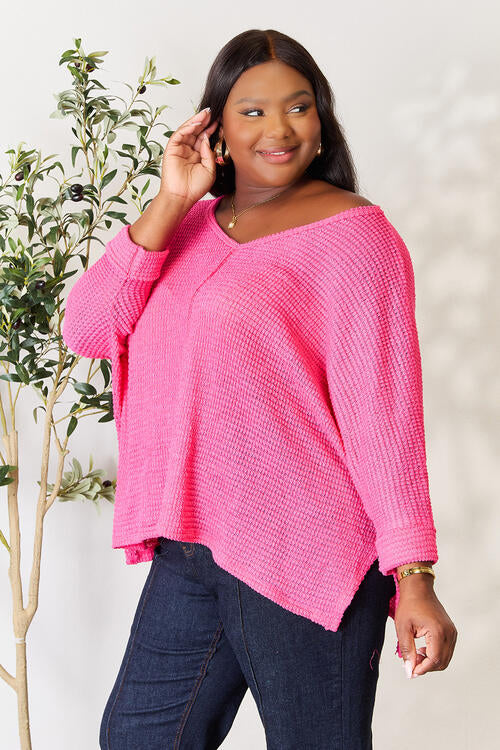 Women's Zenana Full Size Round Neck High-Low Slit Knit Top Sweater