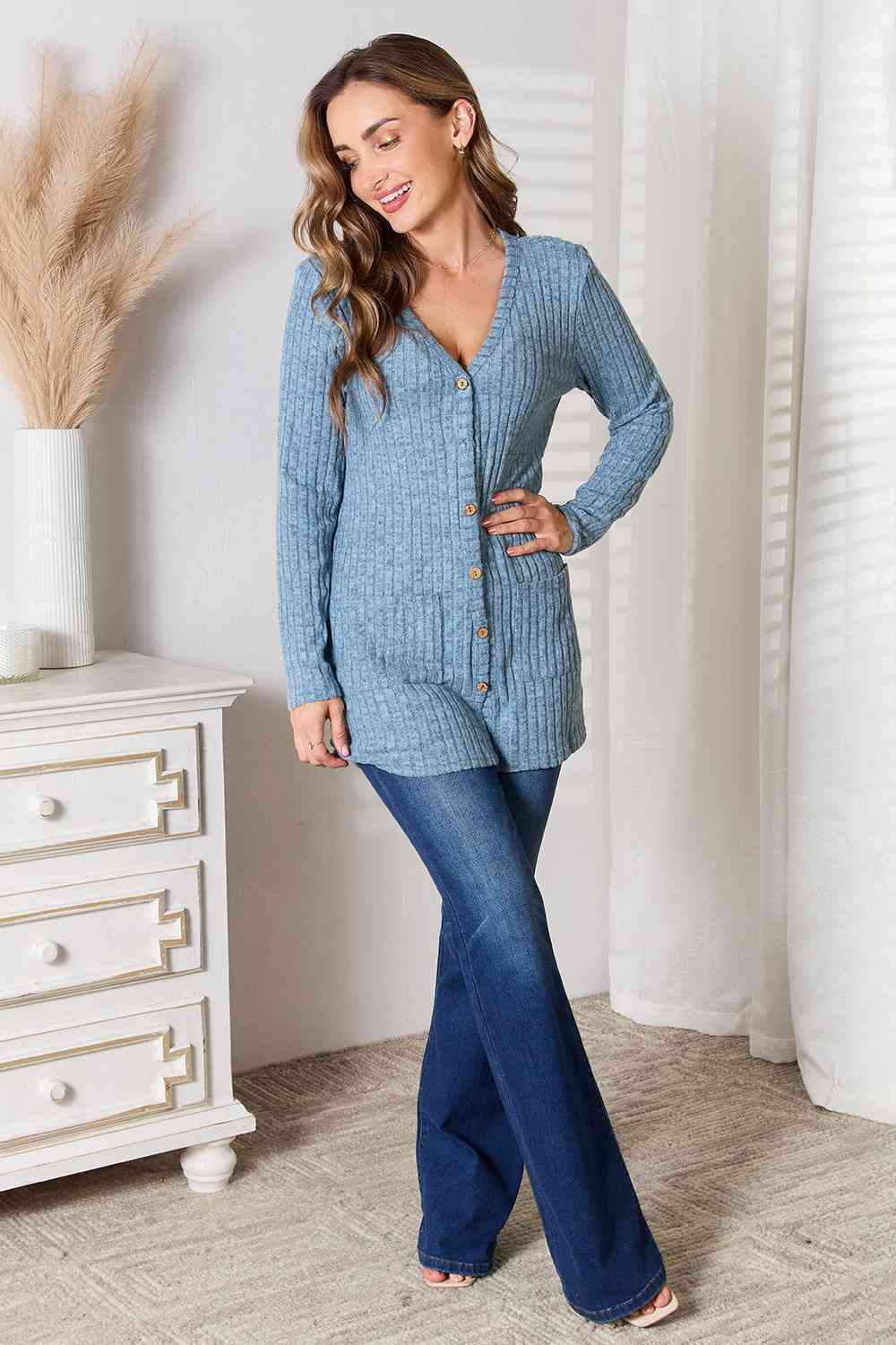 Women's Double Take Ribbed Button-Up Cardigan with Pockets