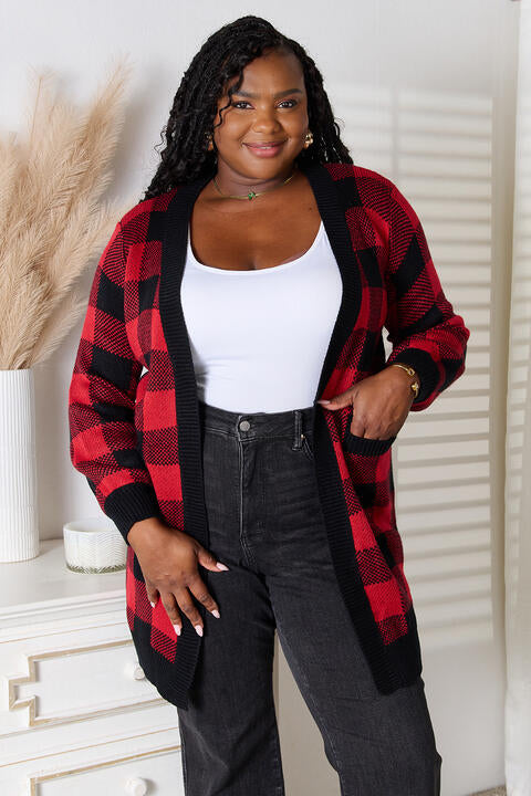 Women's Heimish Full Size Plaid Open Front Cardigan with Pockets