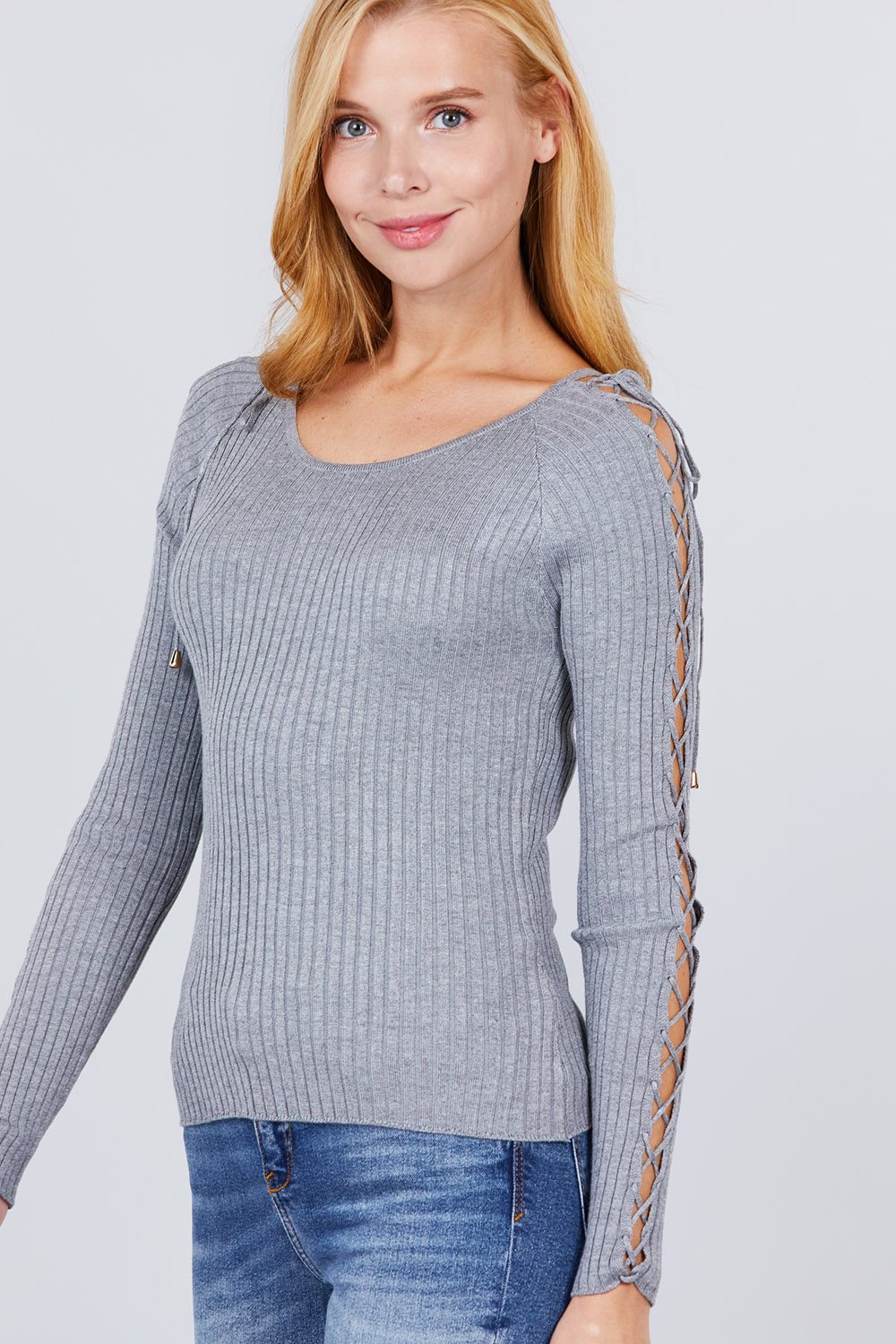 Women's Long Sleeve W/strappy Detail Round Neck Rib Sweater Top