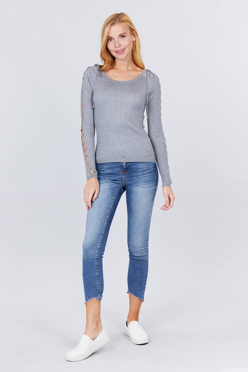 Women's Long Sleeve W/strappy Detail Round Neck Rib Sweater Top