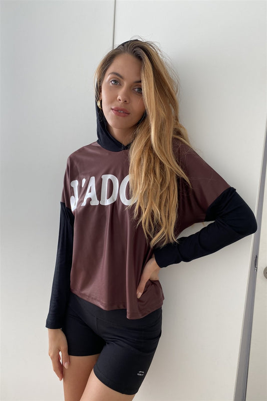 Women's Burgundy And Black "j'adore" Silver Graphic Hoodie Top