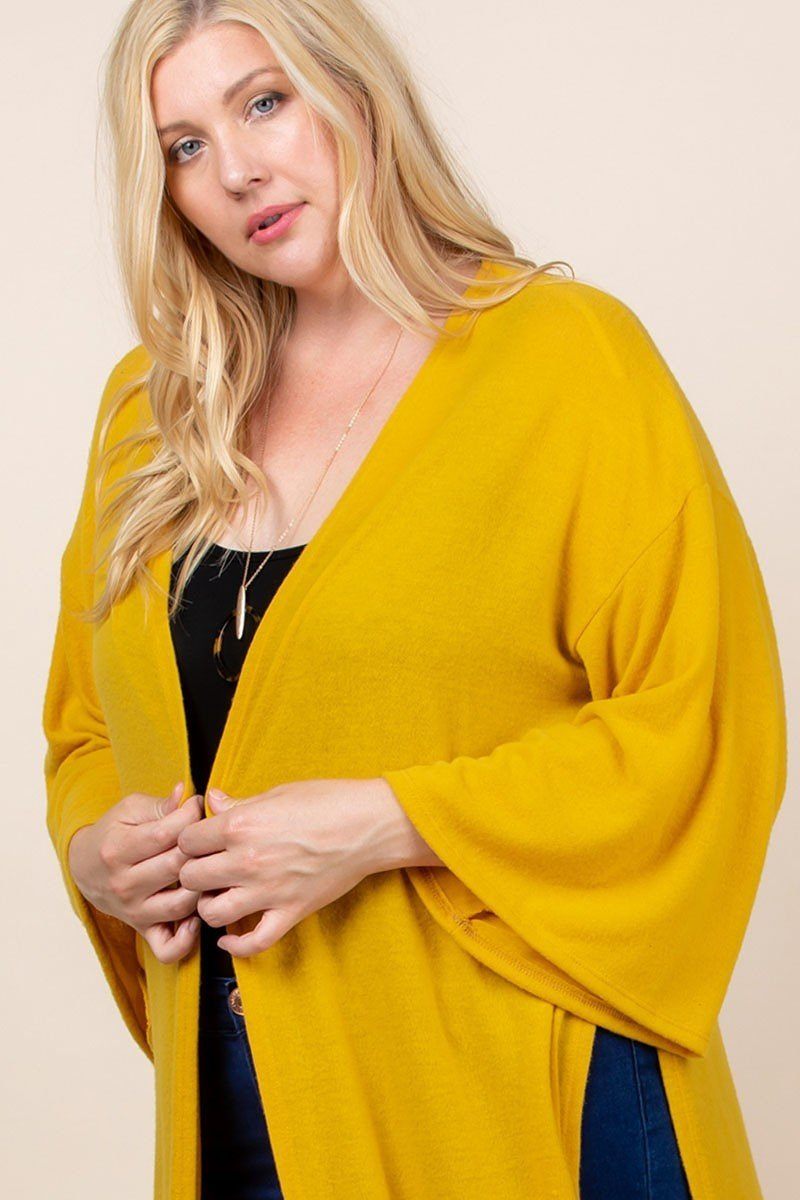 Women's Plus Size Solid Hacci Brush Open Front Long Cardigan With Bell Sleeves