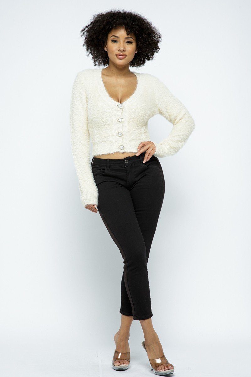 Women's Eyelash Knit Cropped Cardigan With Pearl Button Details