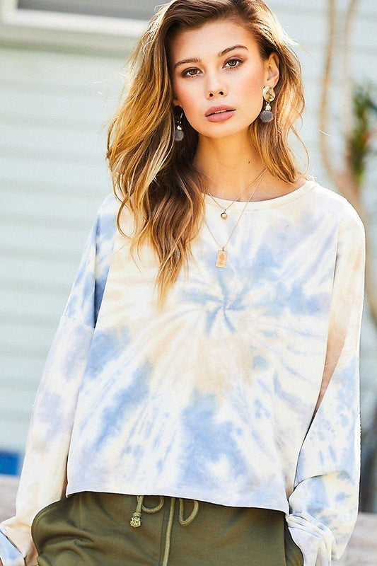 Women's Round Neck Oversize Fit Crop Tie-dye French Terry Pullover