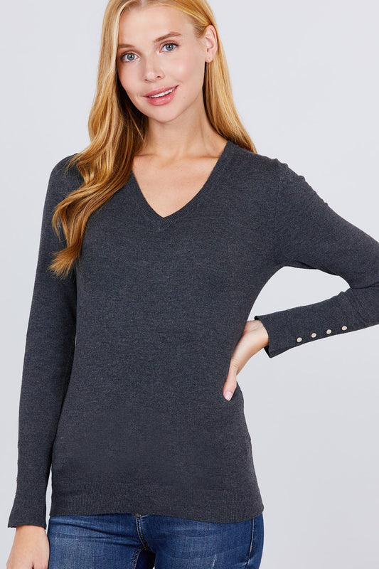 Women's  V-neck Sweater W/rivet Button