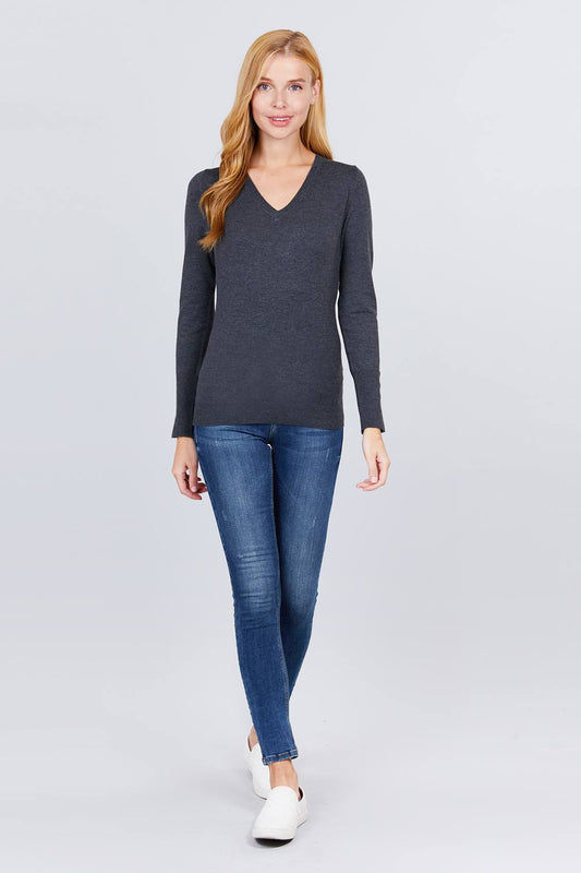 Women's  V-neck Sweater W/rivet Button