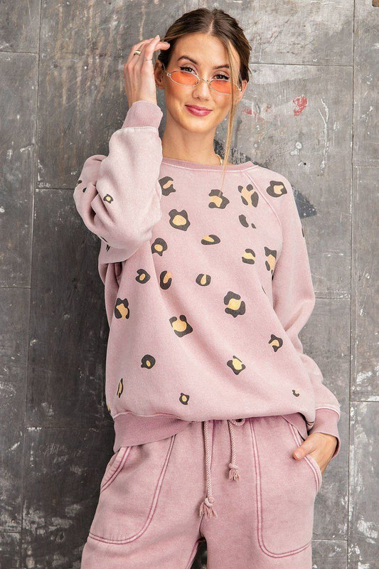 Women's Long Sleeve Leopard Print Washed Terry Sweatshirt