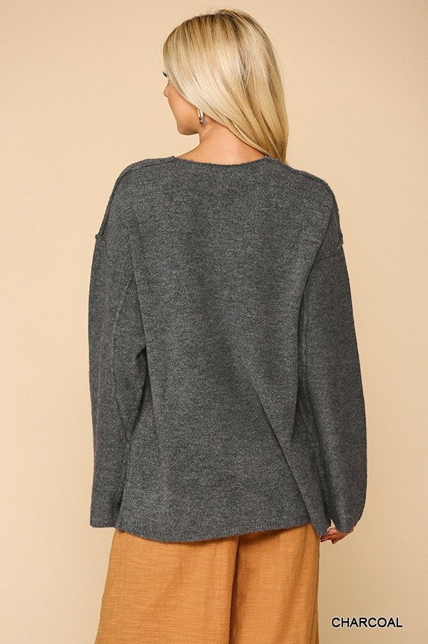 Women's V-neck Solid Soft Sweater Top With Cut Edge