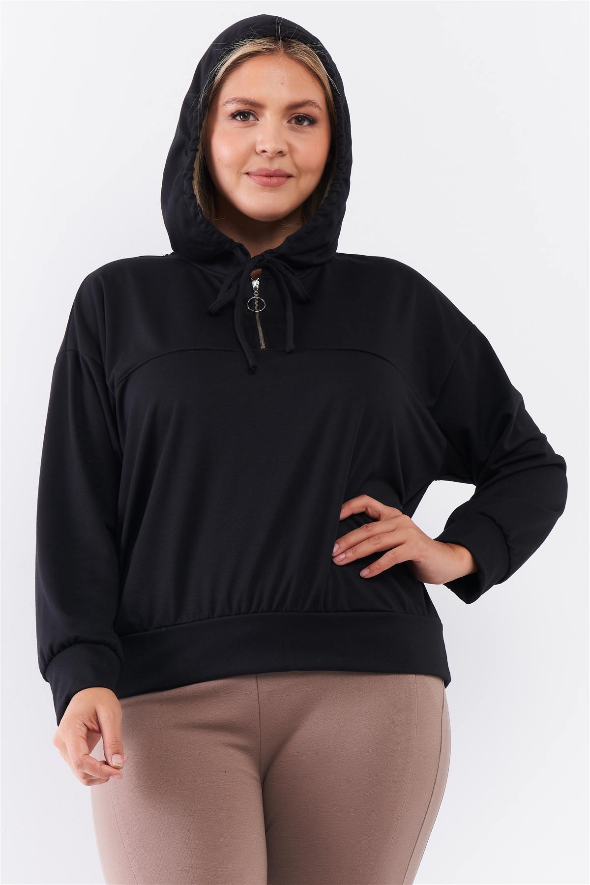 Women's Plus Black Oversize High Neck Zip-up Detail Draw String Tie Hoodie Sweatshirt