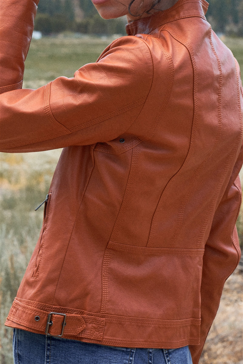 Women's Rust Vegan Leather Long Sleeve Biker Jacket