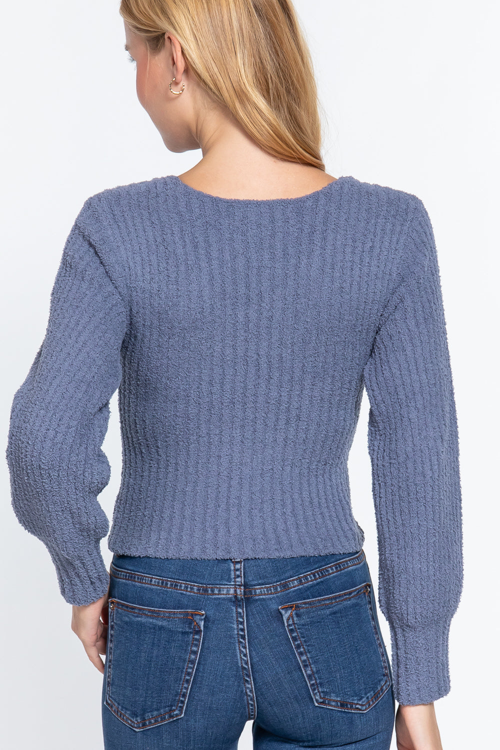 Women's Long Puff Slv V-neck Rib Sweater
