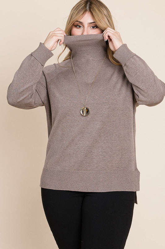 Women's Plus Size High Quality Buttery Soft Solid Knit Turtleneck Two Tone High Low Hem Sweater