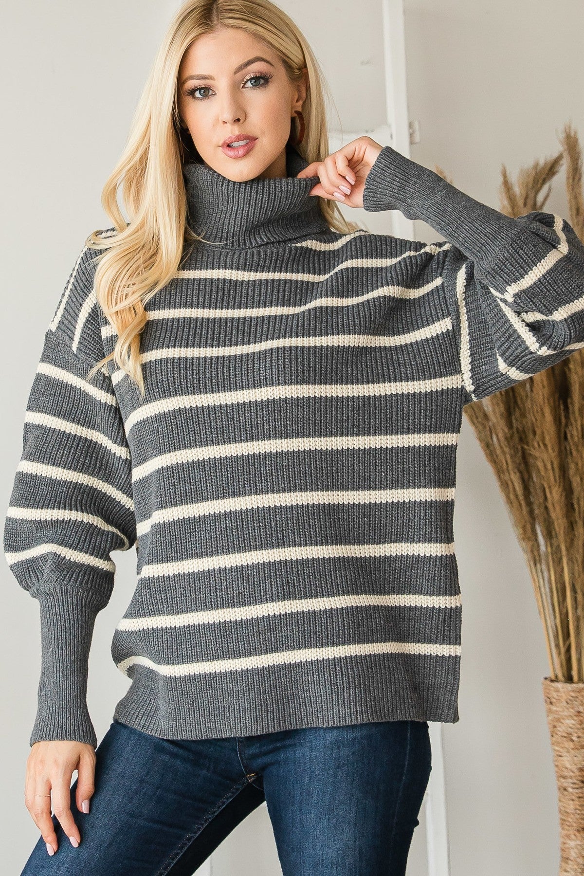 Women's Heavy Knit Striped Turtle Neck Knit Sweater