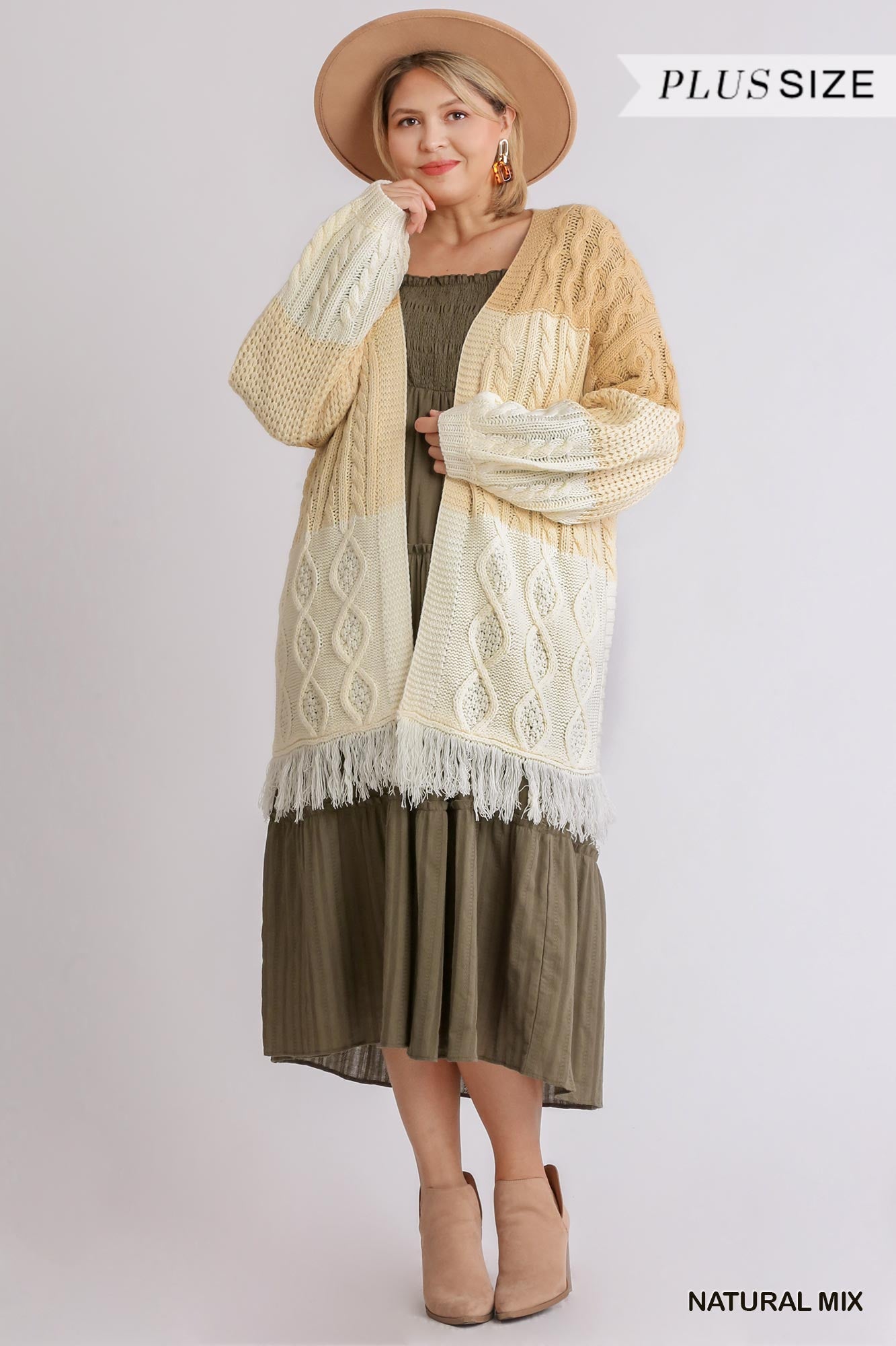 Women's Plus Patchwork Knitted Open Front Cardigan Sweater With Frayed Hem