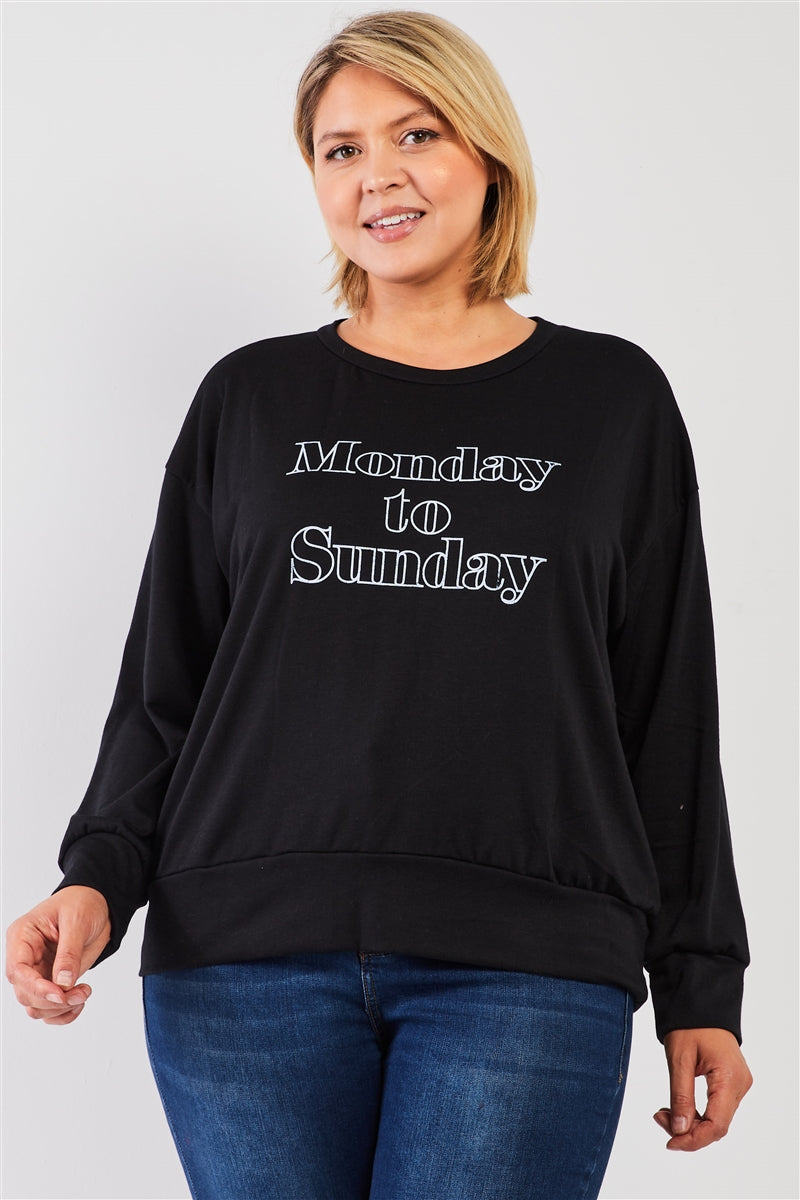 Women's Plus Black "monday Sunday" Print Long Sleeve Relaxed Sweatshirt Top