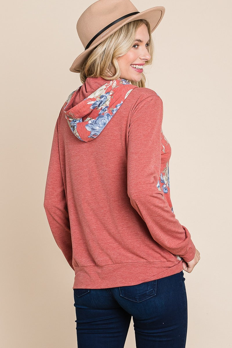 Women's Floral Printed Contrast Hoodie With Relaxed Fit And Cuff Detail