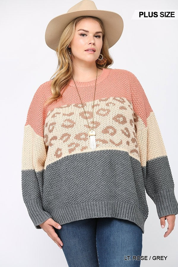 Women's Plus Color Block And Leopard Pattern Mixed Pullover Sweater