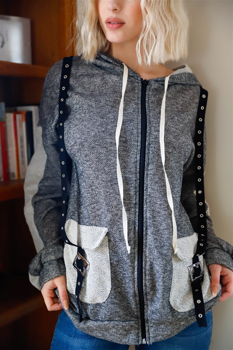 Women's Belt & Reversed Details Zip-up Hooded Sweater