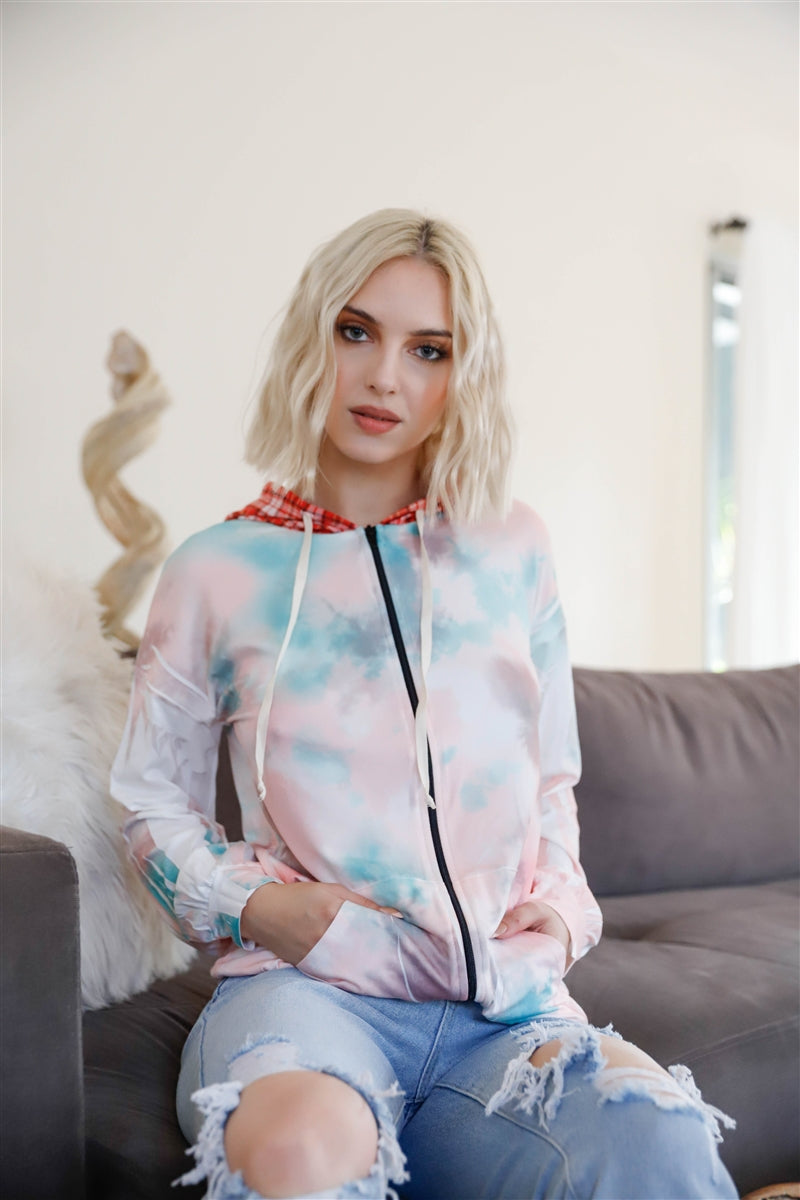 Women's Feather & Tie-dye Print Contrast Plaid Hood Sweater