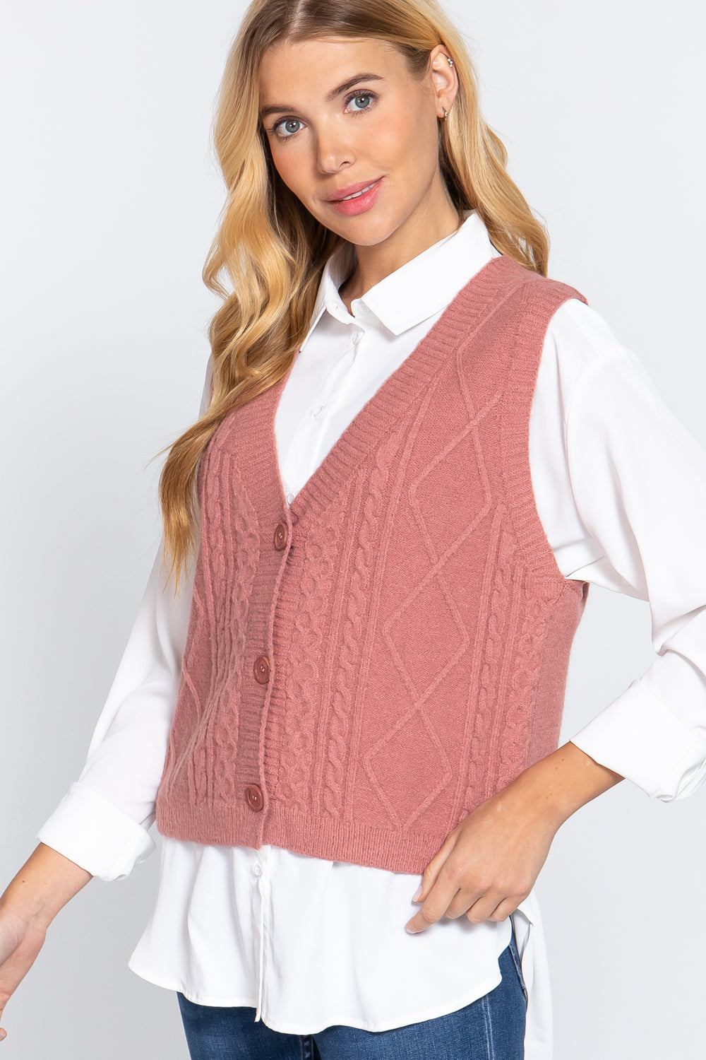 Women's V-neck Cable Sweater Vest Cardigan