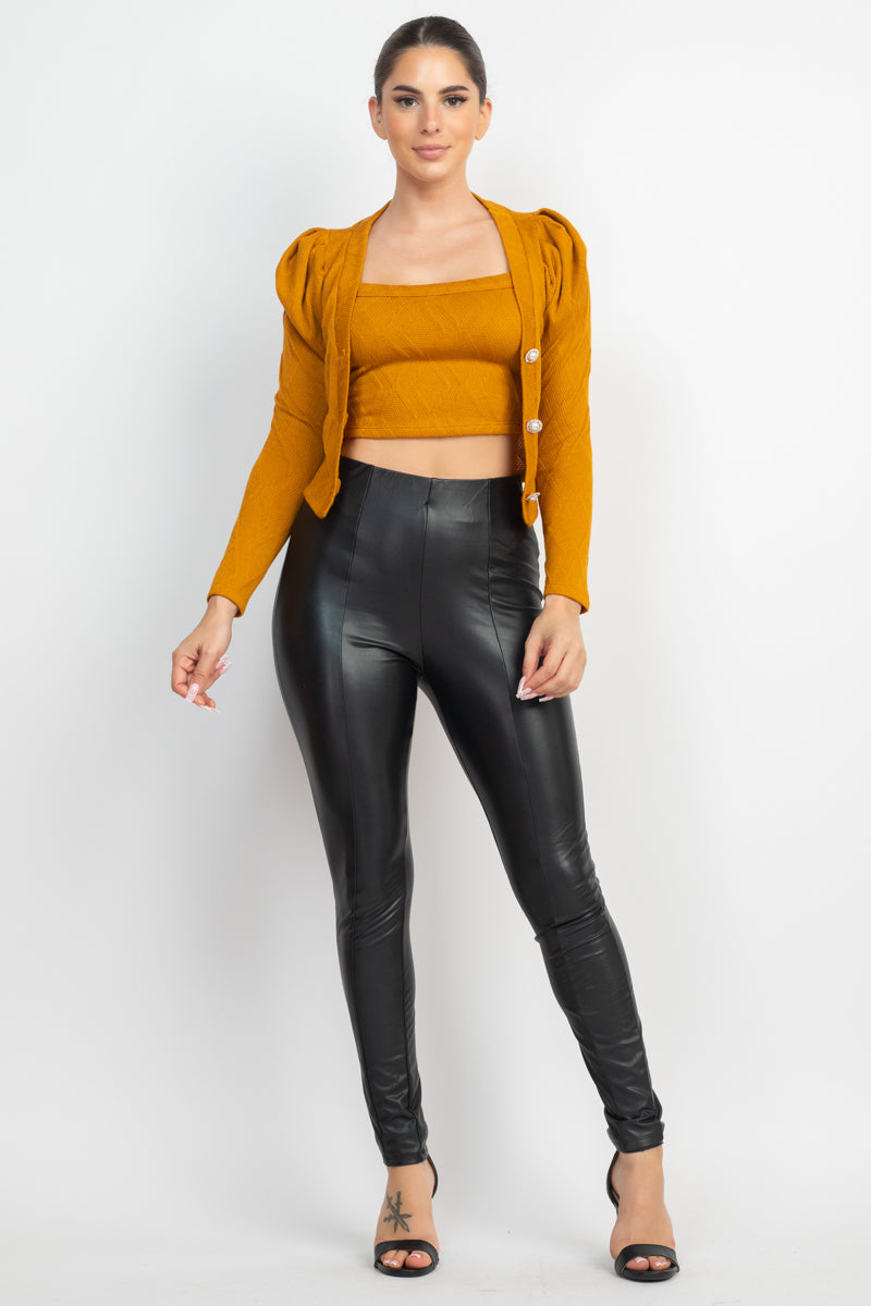 Women's Geometric Cami Puff Sleeves Blazer Top Set