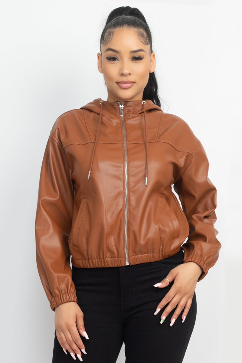 Women's Faux Leather Hoodie Jacket
