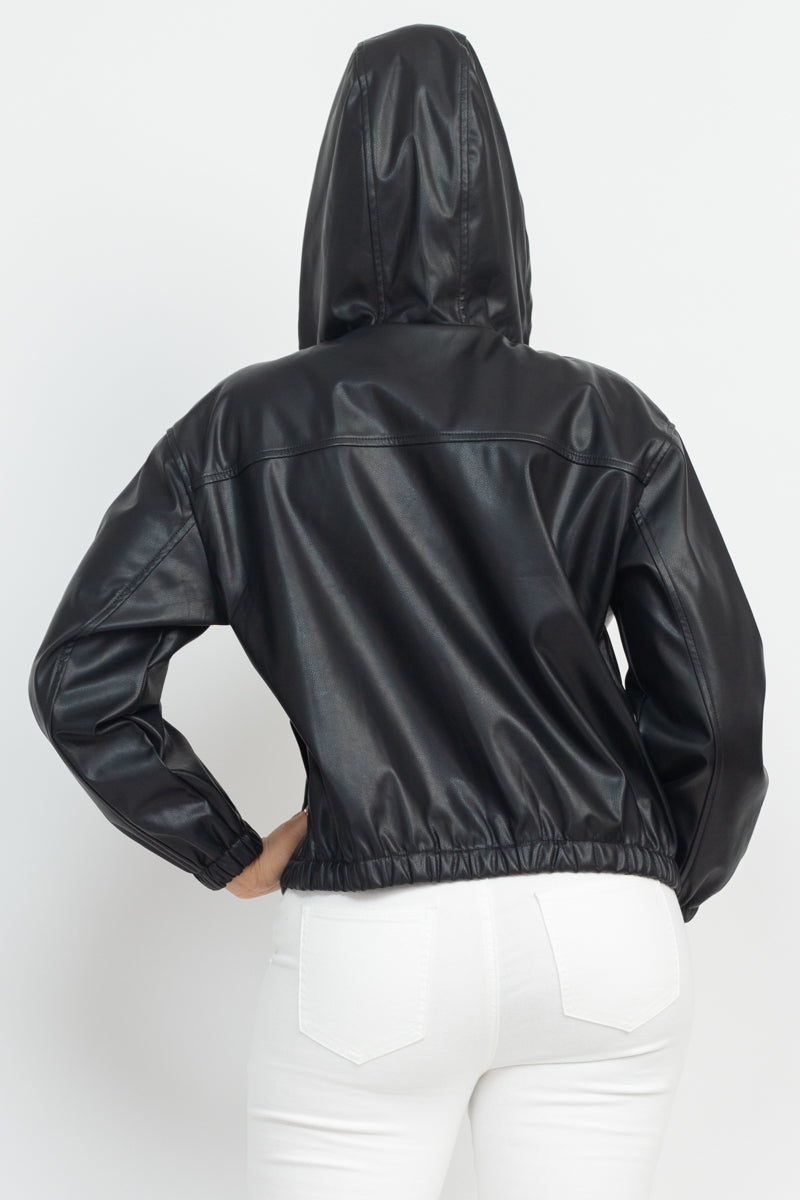Women's Faux Leather Hoodie Jacket
