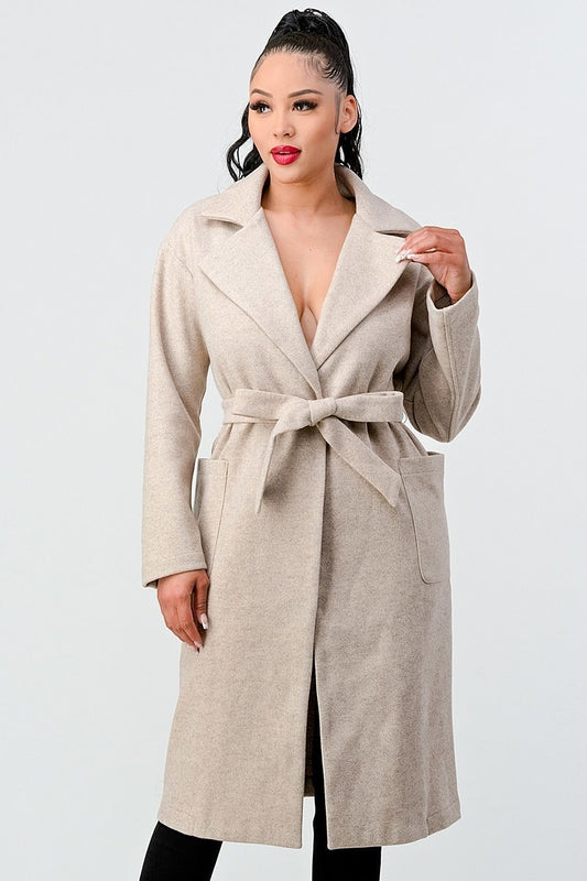 Women's Luxe Wool Waist Tie Side Pockets Midi Length Coat