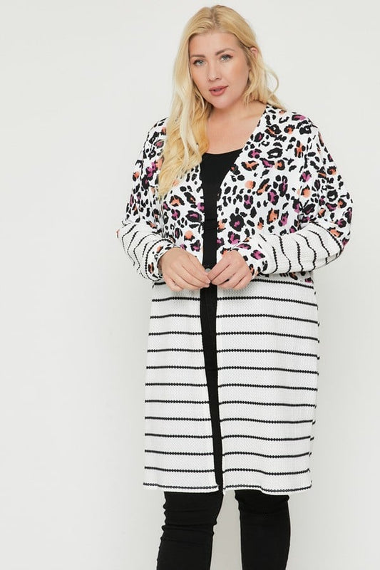 Women's Plus Long sleeves print-striped cardigan