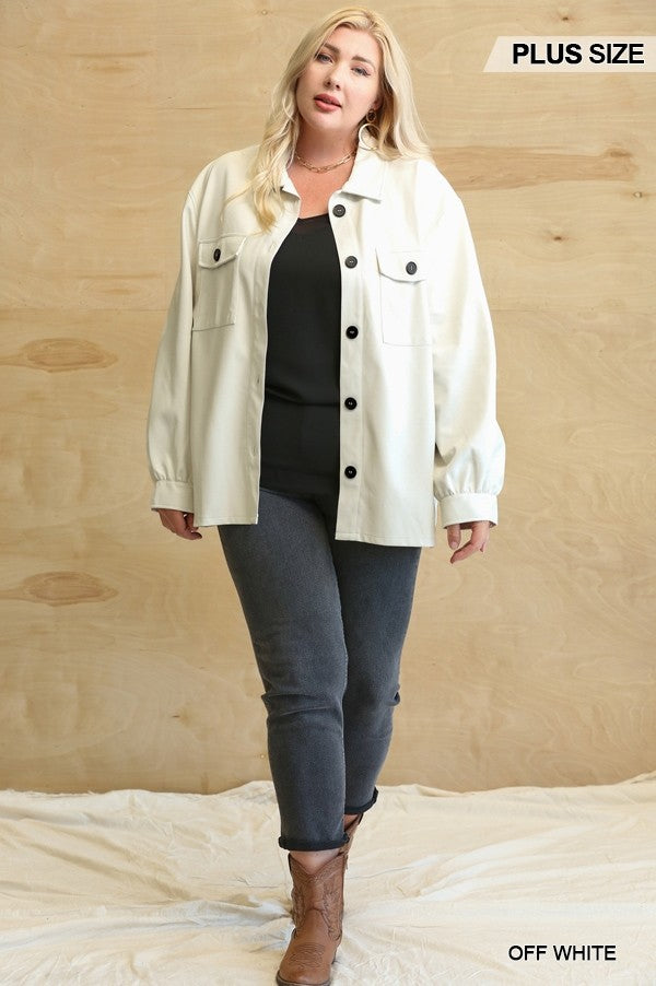 Women's Plus Size Faux Leather Button Down Shacket With Side Pockets