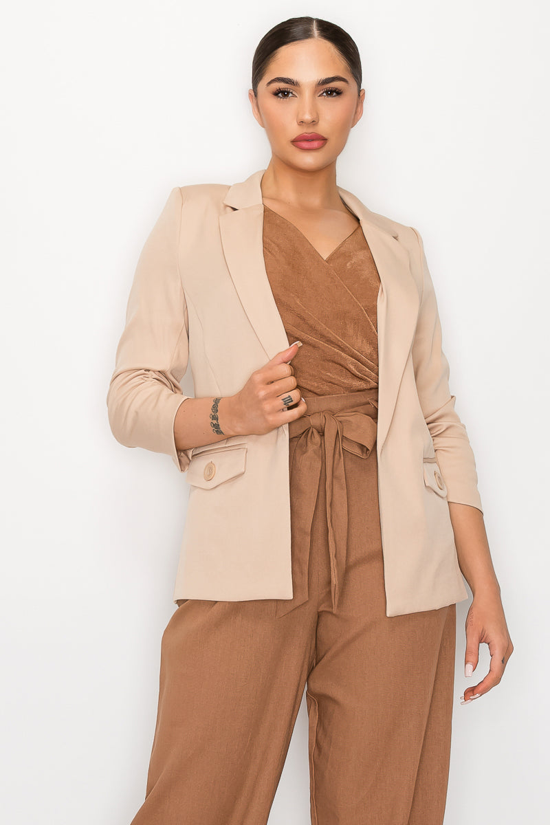 Women's Ruched Sleeves Solid Blazer