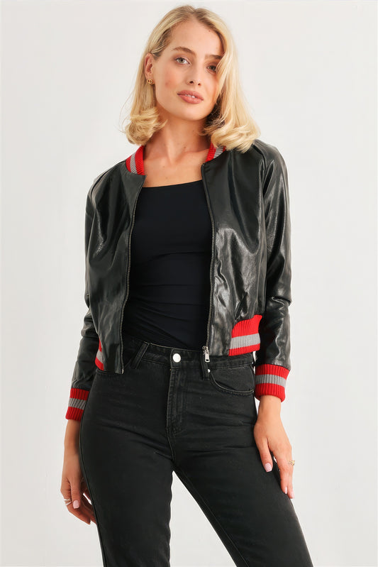 Women's Black & Red Ribbed Vegan Leather Bomber Jacket