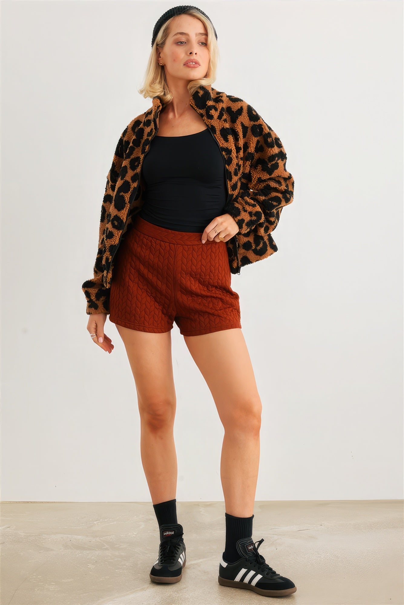 Women's Leopard Teddy Zip-up Two Pocket Jacket