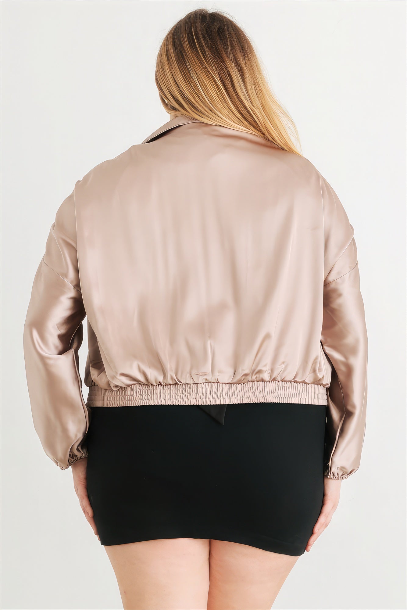 Women's Plus Satin Zip-up Ruched Long Sleeve Cropped Bomber Jacket