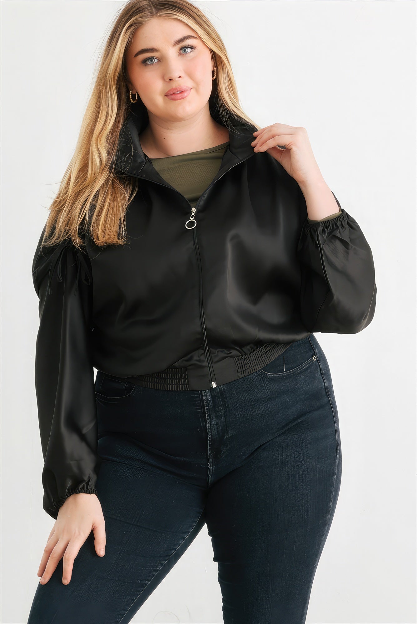 Women's Plus Satin Zip-up Ruched Long Sleeve Cropped Bomber Jacket