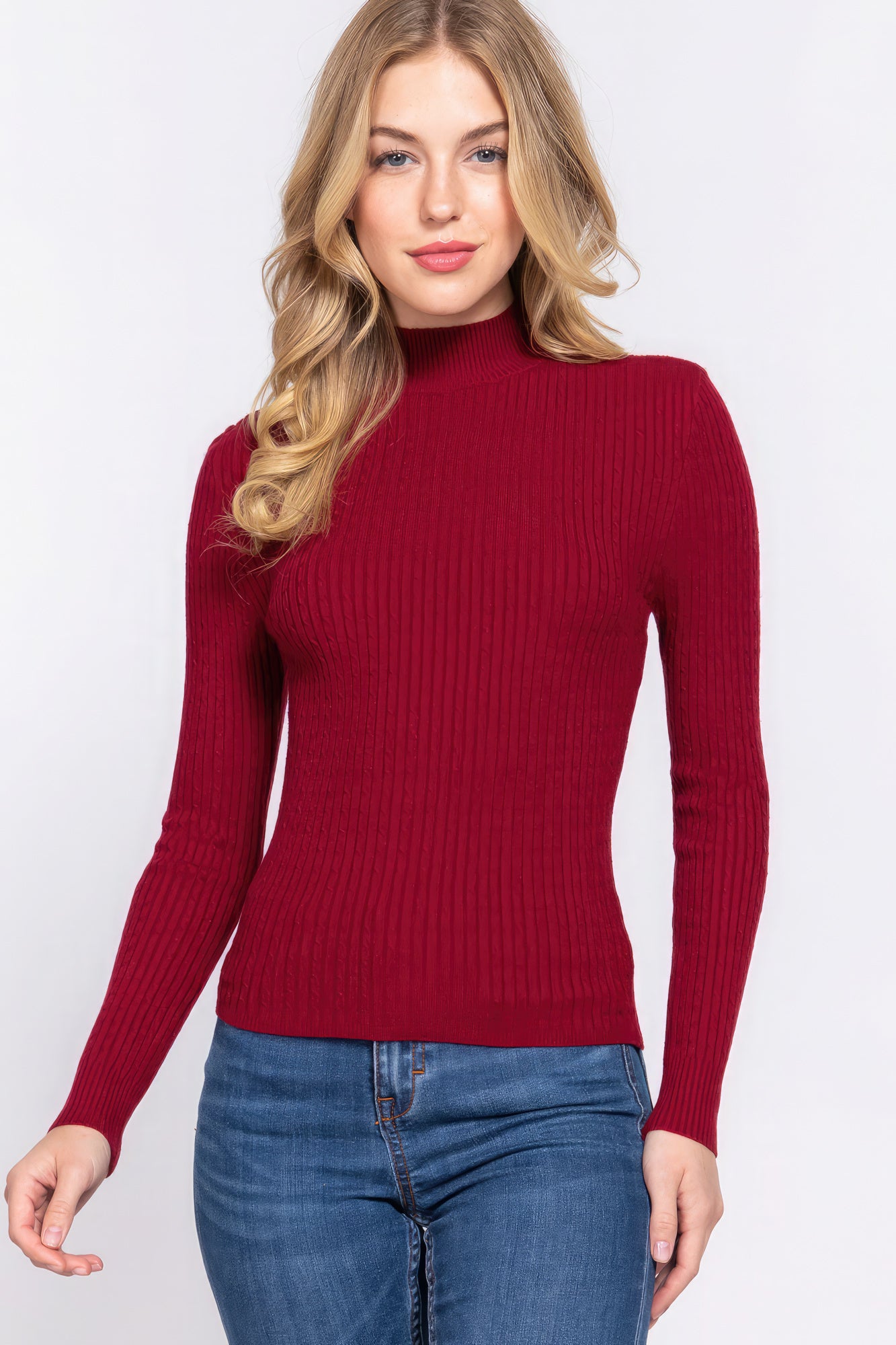 Women's  Long Slv Mock Neck Rib Sweater