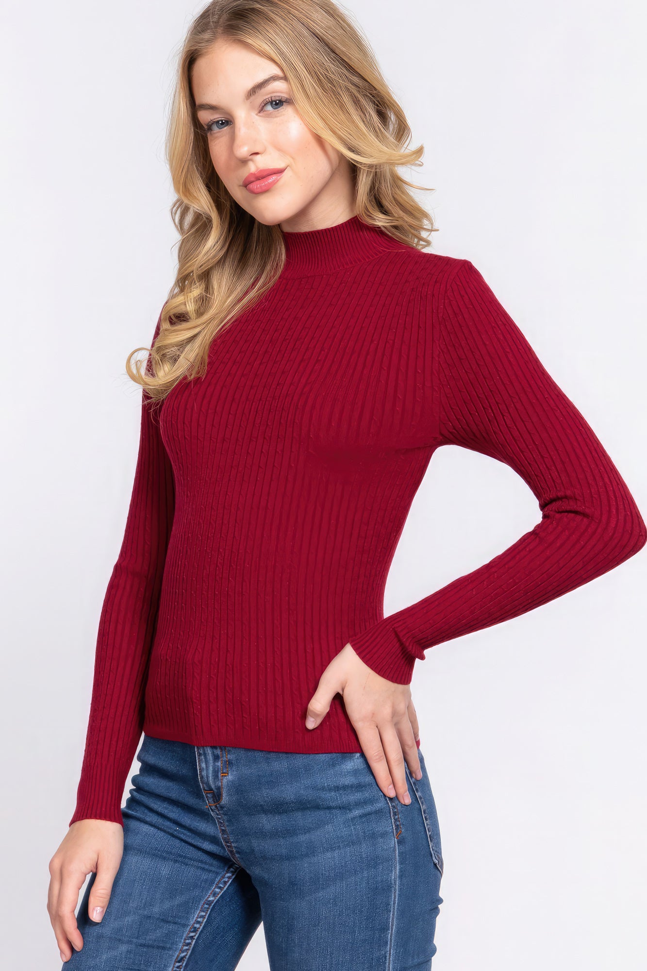 Women's  Long Slv Mock Neck Rib Sweater
