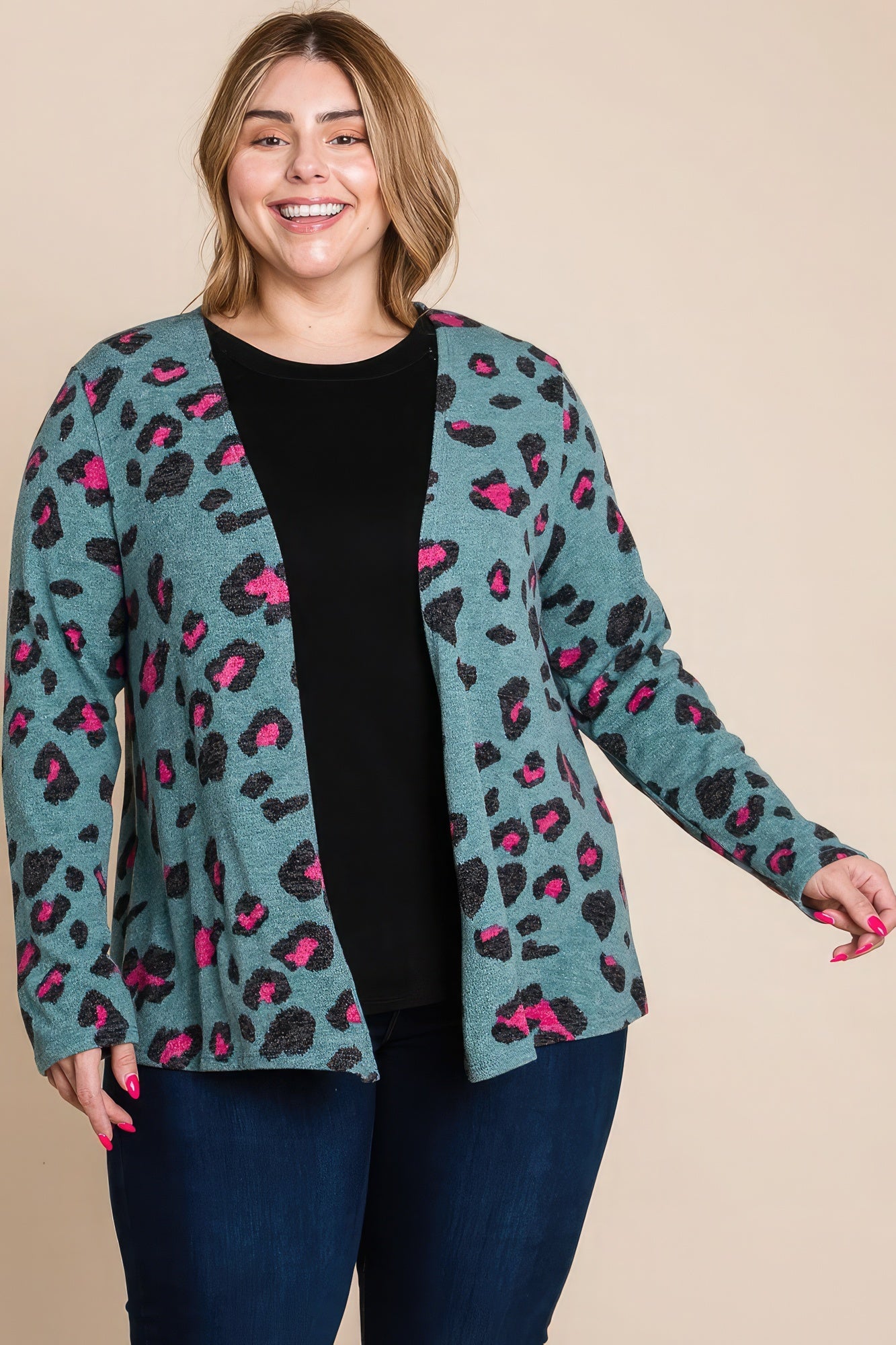 Women's Plus Size Animal Printed Open Front Cropped Cardigan