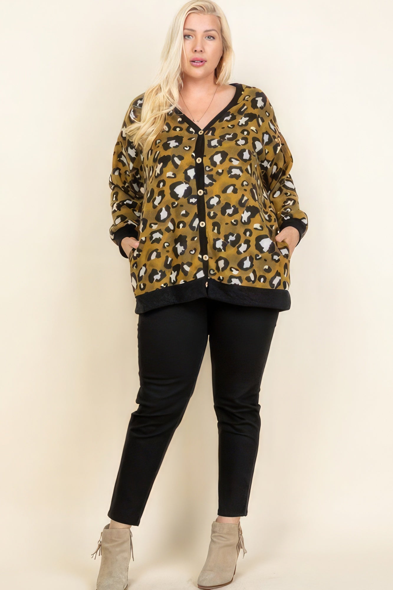 Women's Plus Size Cozy Animal Mir Print With Brush Button Up Cardigan