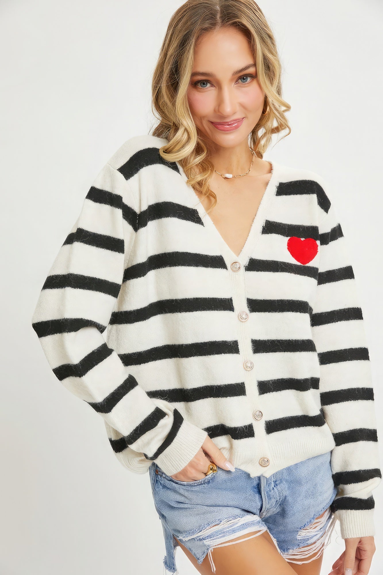 Women's Striped Cardigan With Heart Patch