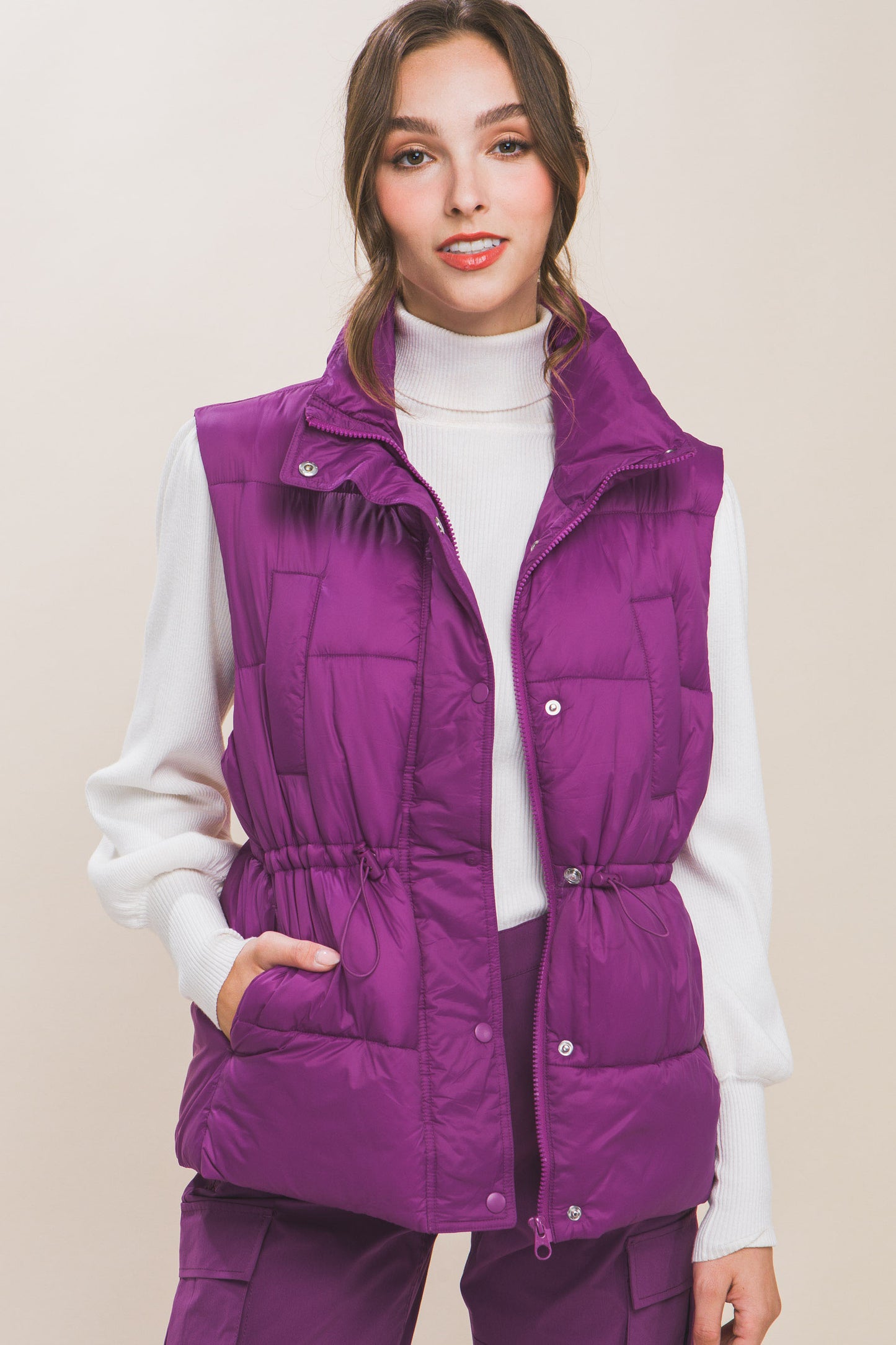 Women's Zip Up Button Puffer Vest With Waist Toggles