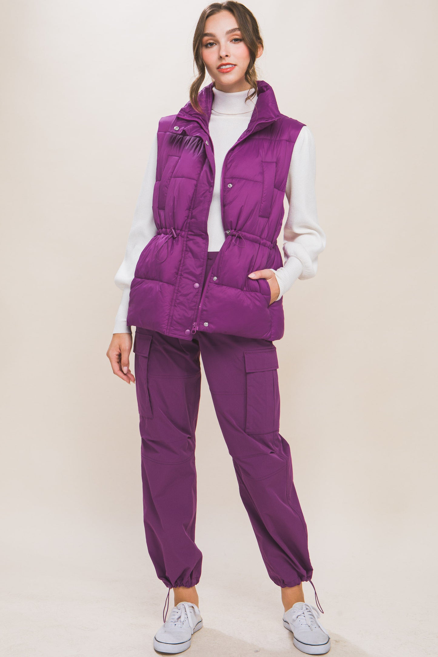 Women's Zip Up Button Puffer Vest With Waist Toggles