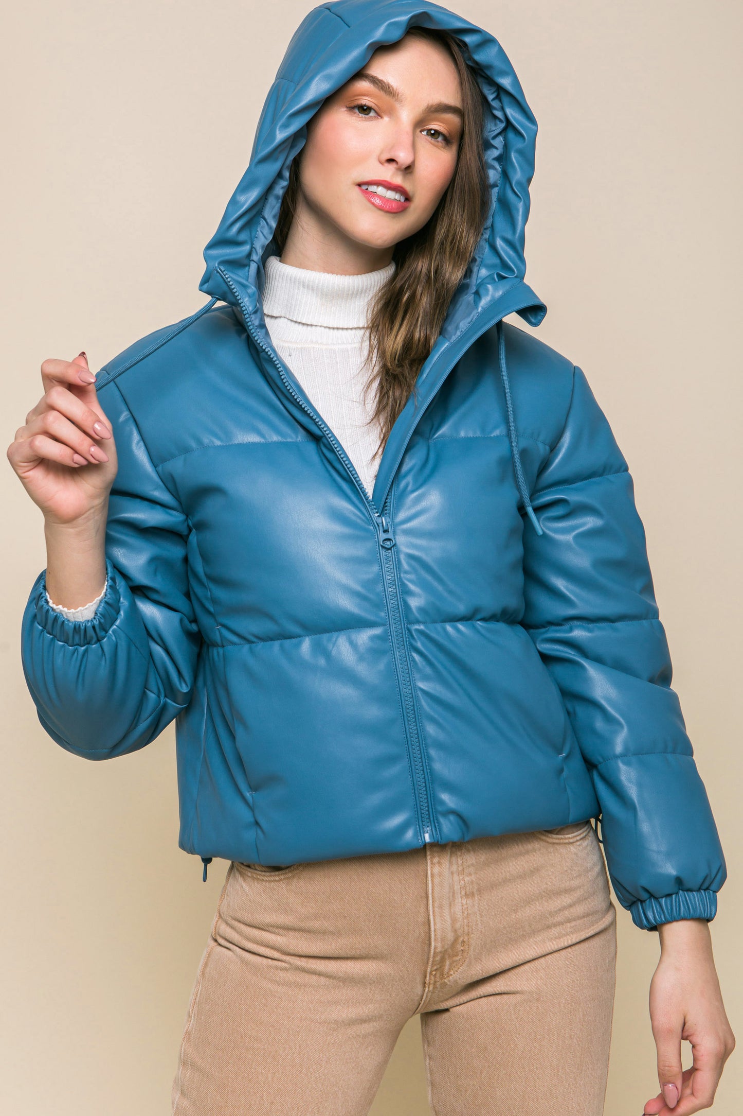 Women's Pu Faux Leather Zipper Hooded Puffer Jacket