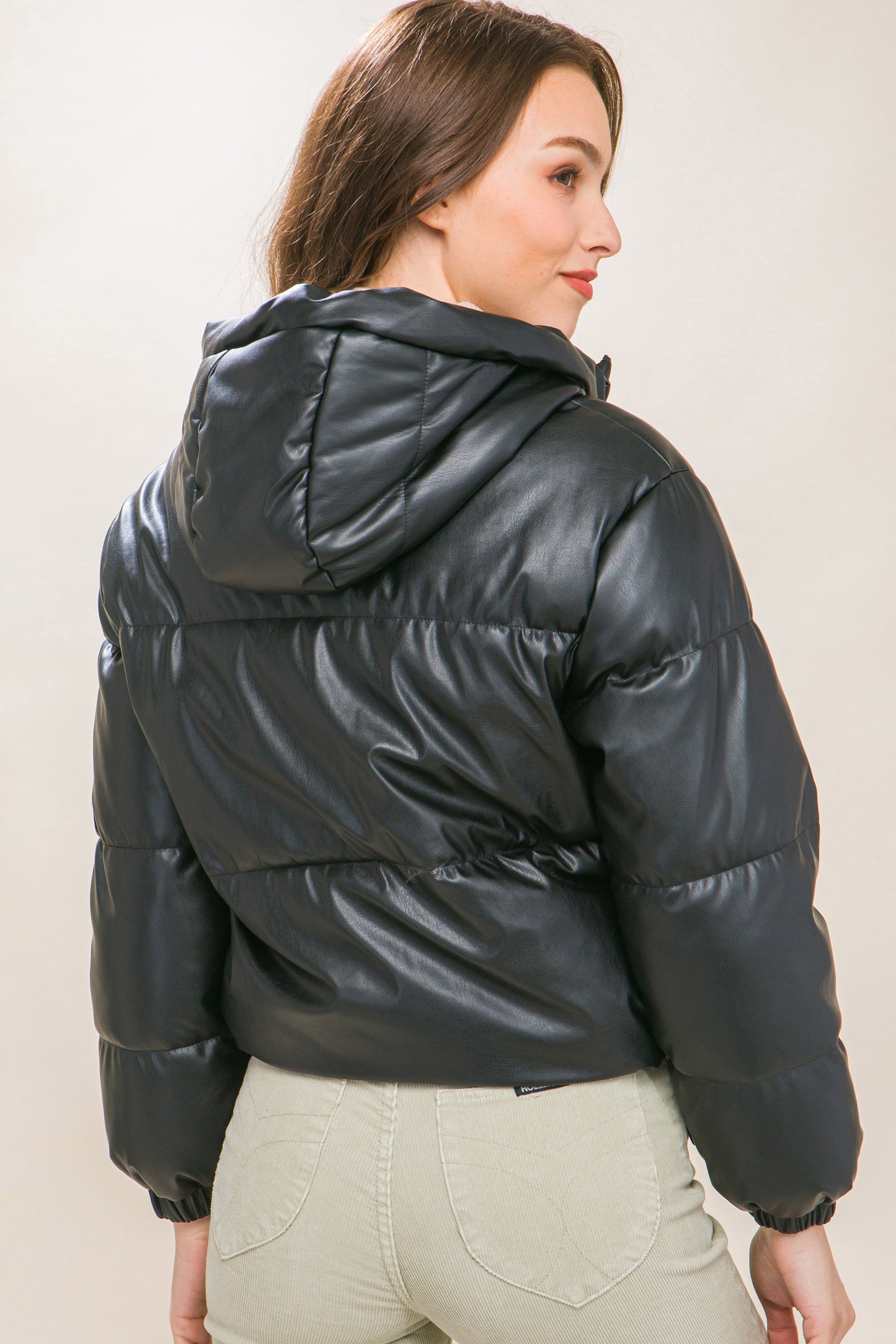 Women's Fashion Pu Faux Leather Zipper Hooded Puffer Jacket