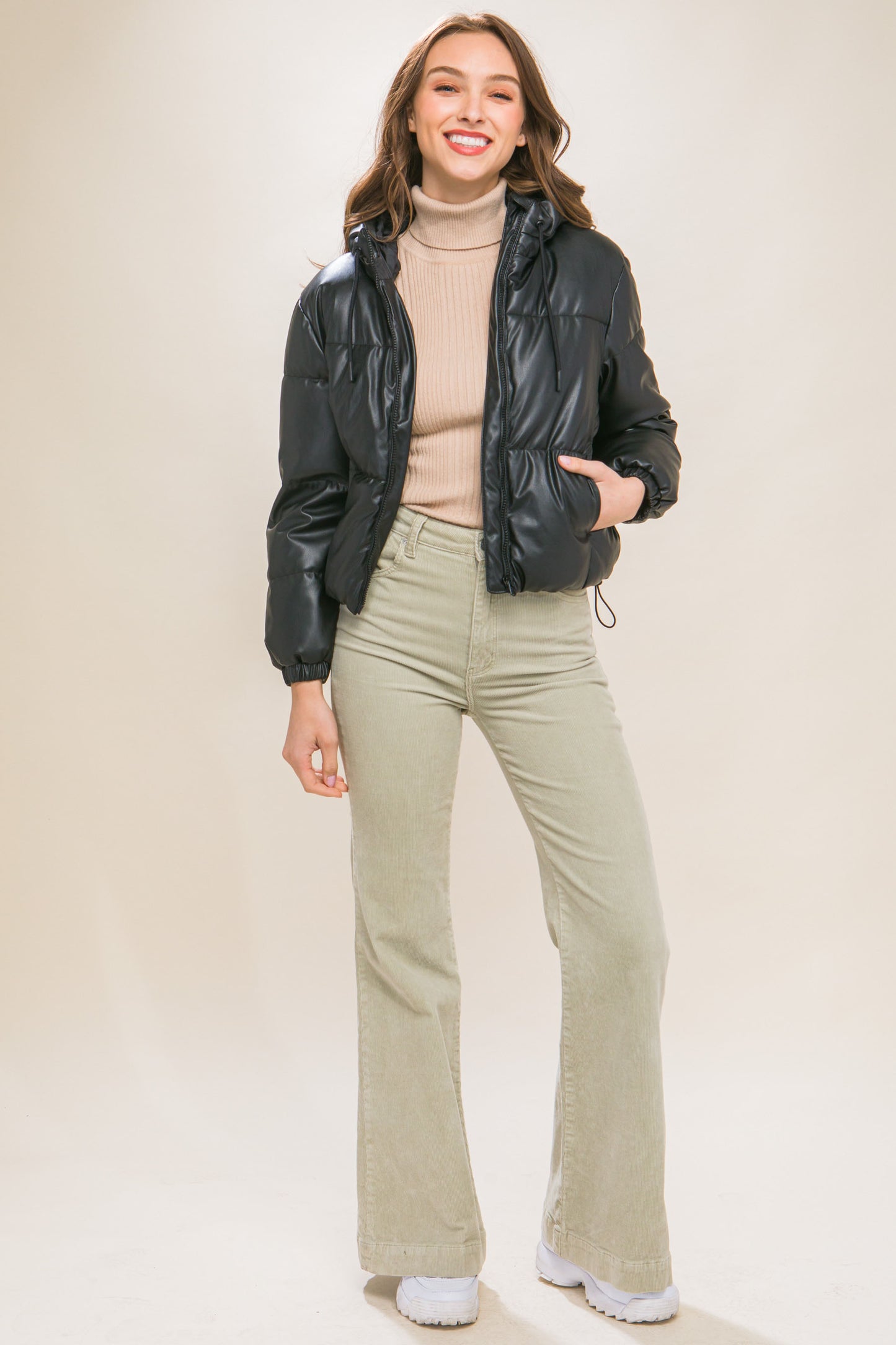 Women's Fashion Pu Faux Leather Zipper Hooded Puffer Jacket