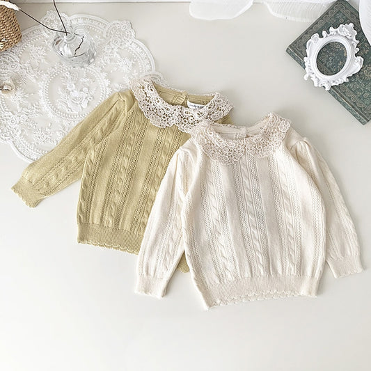 Baby Girls Pullover Sweaters Long Sleeved Solid Color Lace Stitching Children Knitted Sweaters - BTBCS2548